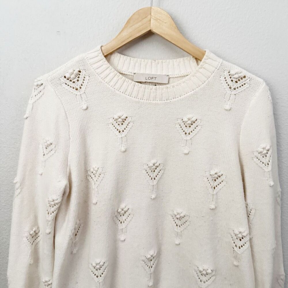 A.T. LOFT | Women's Bobble Pointelle Sweater Ivory Cream Blouson Sleeve | Large - Picture 5 of 10